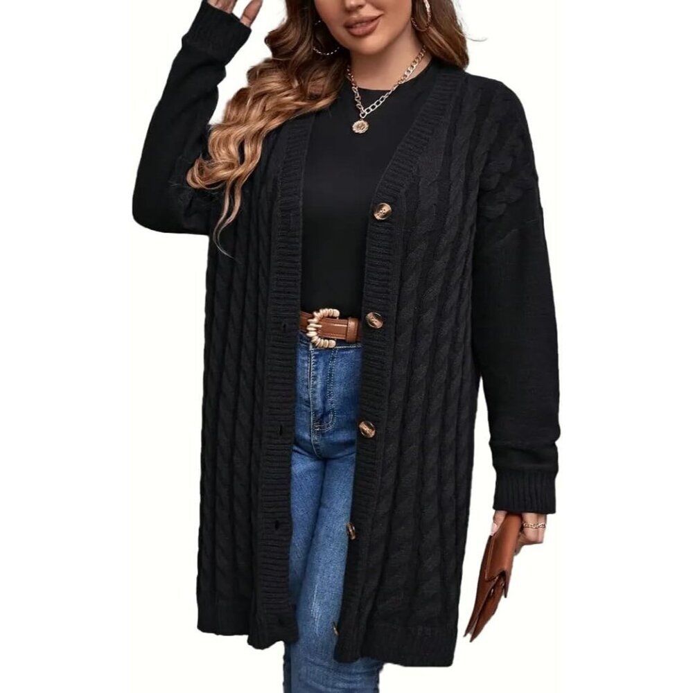 Cable Knit Long Cardigan Sweater Black Size 4x Button Front Casual Wardrobe